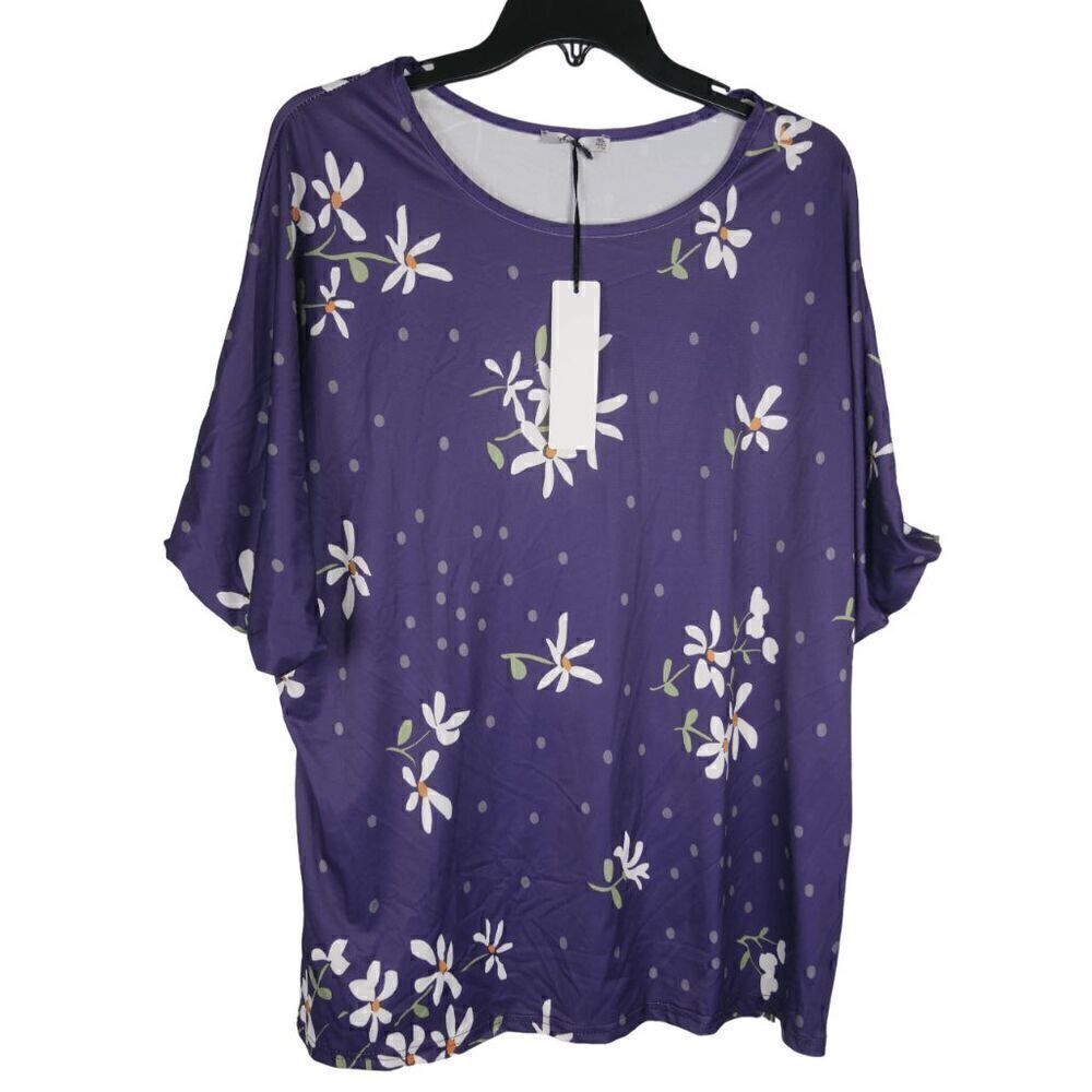 Women's Purple Floral 3/4 Sleeve Elastic Cuff Tunic 1XL
